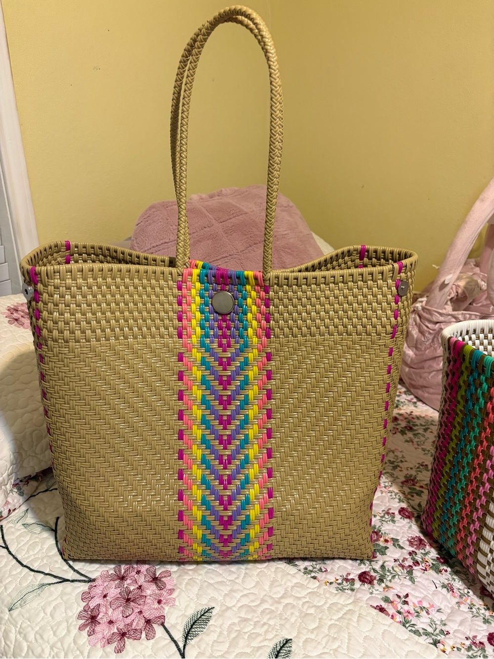Woven Straw Tote with Multicolor Chevron Accent - Pink/Blue/Green